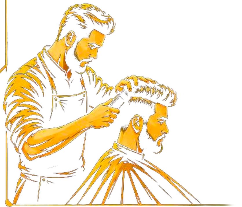 Gold illustration of a barber cutting a customer’s hair